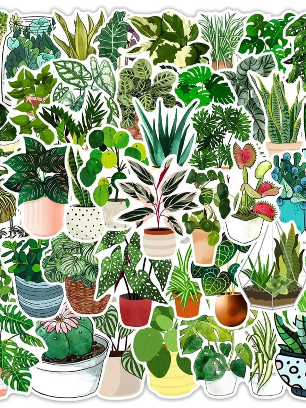 50 Pcs Green Plants Stickers Potted Plant Floral Sticker for Laptops Water Bottl